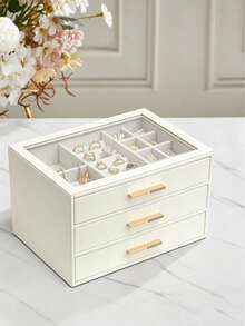 Luxury 3-Drawer Velvet Lined Jewelry Organizer Box With Transparent Glass Lid, Earring Necklace Ring Display Storage Box, Suitable For Gold Jewelry And Accessories - Multicolor - View 9