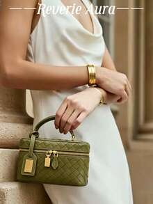 1pc Olive Green All-Over Woven Texture Faux Leather Small Square Box Handbag With Zipper Closure, Lightweight Luxury Vintage Exquisite Style Women's Daily Commute & Date Crossbody Bag - Olive Green - View 2