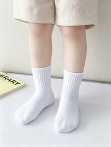 10 Pairs Kids Mid-Calf Cotton Socks, Solid Color & Striped, Simple Fashion Versatile For Spring, Autumn, Summer, Student - Multicolor - View 2