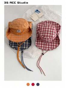 1 Stück Vintage-Karomuster-Patchwork-Kontrastfarben-Kordelzug-Breitkrempel-Fischerhut, Boho-Urlaubs-Frühling-Sommer-Sonnenhut, heller monochromer Look Schnürung-Sonnenschutz-Hut für Reisen und UV-Schutz - Kariertes Schlüsselband - Übersicht 3