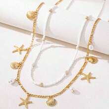 2pcs Women's Shell & Starfish Belt, Beach Vacation Style Starfish Shell Waist Chain, Beach Accessory Metal Waist Chain, Multi-Purpose For Party - Multicolor - View 2