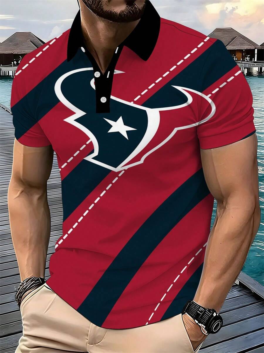 Men's Casual POLO Shirt, 3D Print Casual Daily Wear, , A Must-Have For Summer Red And Navy Stripes With White Star And Bull Logo - 風格 - 查看 1