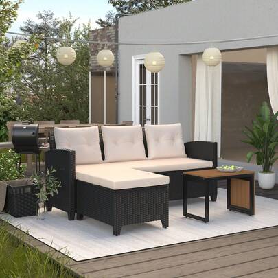Wicker Patio Conversation Sectional Seating Set With Beige Cushions