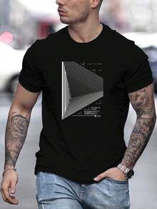 Camiseta de Hombre Talla Grande, Libre y Fácil, Fácil de Combinar, Camiseta de Verano Casual de Manga Corta con Cuello Redondo y Patrón Geométrico de Triángulo para Hombre - Negro - Ver 1