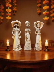 Elegant Halloween Skeleton Lady Statue, White Resin Catrina Skeleton Figurine, Day Of The Dead Home Desktop Decor Ornament - Multicolor - View 1