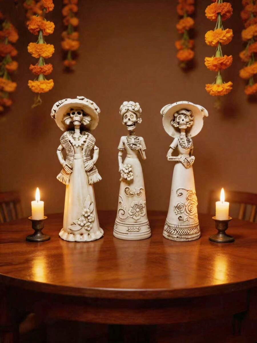 Elegant Halloween Skeleton Lady Statue, White Resin Catrina Skeleton Figurine, Day Of The Dead Home Desktop Decor Ornament - Multicolor - View 1