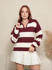 Women's Striped Modal Knit Polo Shirt With Long Sleeves - Redwood - View 2
