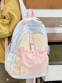 Dopamine Color-Block Water-Resistant Large Capacity Ultra-Light Backpack, Outdoor Casual Drawstring Design Multi-Pocket Functional Backpack, Student Commuter Travel Backpack, Suitable For School, Tutoring, Work, Commuting, Shopping, Travel, Back To School Season - Multicolor - View 2