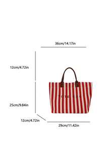 Nuevo bolso de mano con decoración de letras y rayas de gran capacidad, bolso tote multifuncional para el trabajo con asas dobles para mujeres, adecuado para ir al trabajo, vacaciones en la playa - Rojo - Ver 11