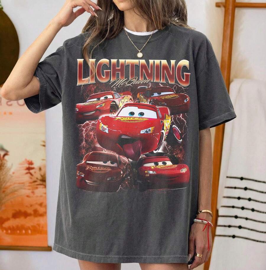 Washed Grey Multi Lightning McQueen Thunder Print 100% Cotton Tee, Retro Disney Cars Vintage Casual Women Short Sleeve T-Shirt - 黑色 - 查看 1