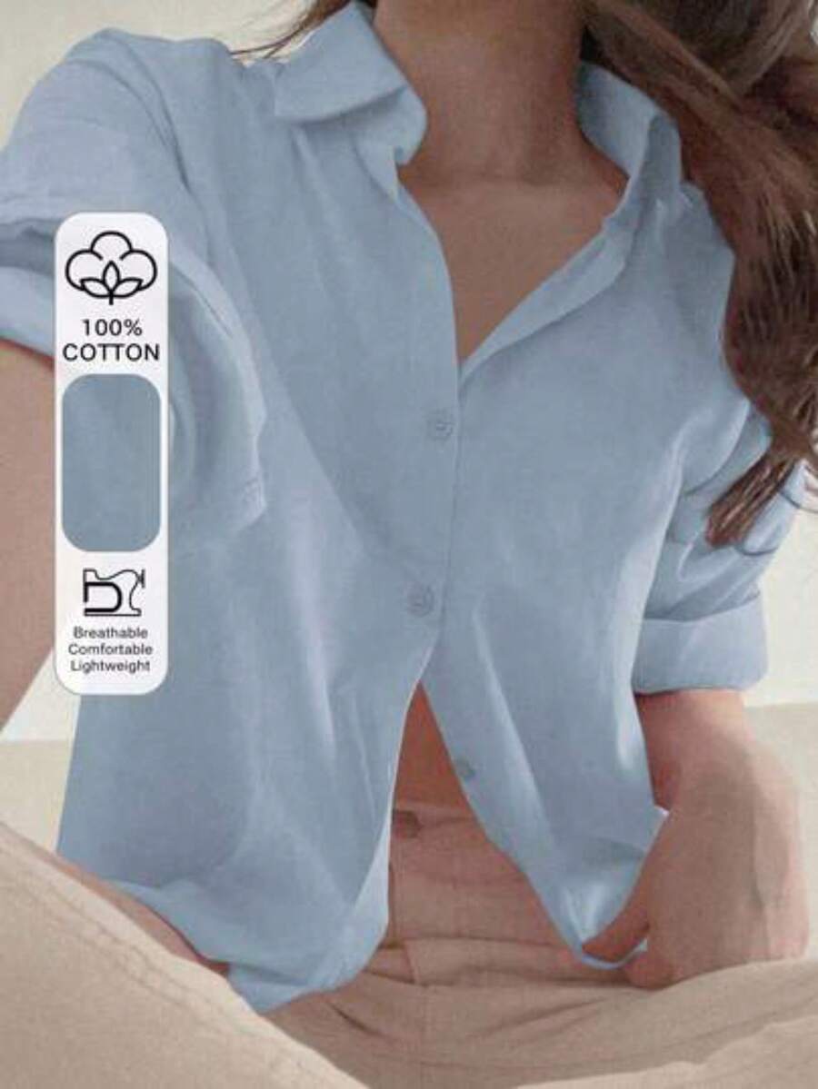 Blusa holgada y versátil de unicolor para mujer, prenda de vestir de otoño con manga larga - Azul - Ver 1
