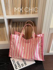 Large Capacity Transparent Jelly Bag With Material Handle, Letter Pattern Decoration, Waterproof Korean Style Unisex Bag, Women's Casual Handbag, Black Minimalist Shoulder Bag, Japanese Casual Style, Suitable For Students, Fitness, Yoga And Travel, Mom Bag, Minimalist Star Design, Crepe Paper Material, Composite Paper - Pink - View 1