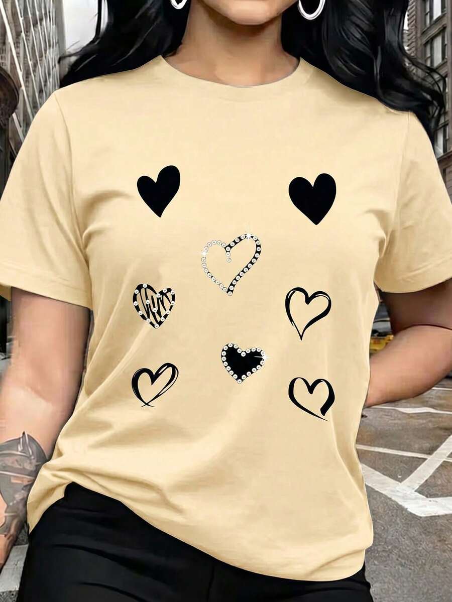 Navy Blue Pure Cotton Blouse, Round Neck, Short Sleeve, Summer Top With Sparkling Heart Design, Lightweight, Soft, Breathable, Casual Style, Ideal For Women - 杏色 - 查看 1
