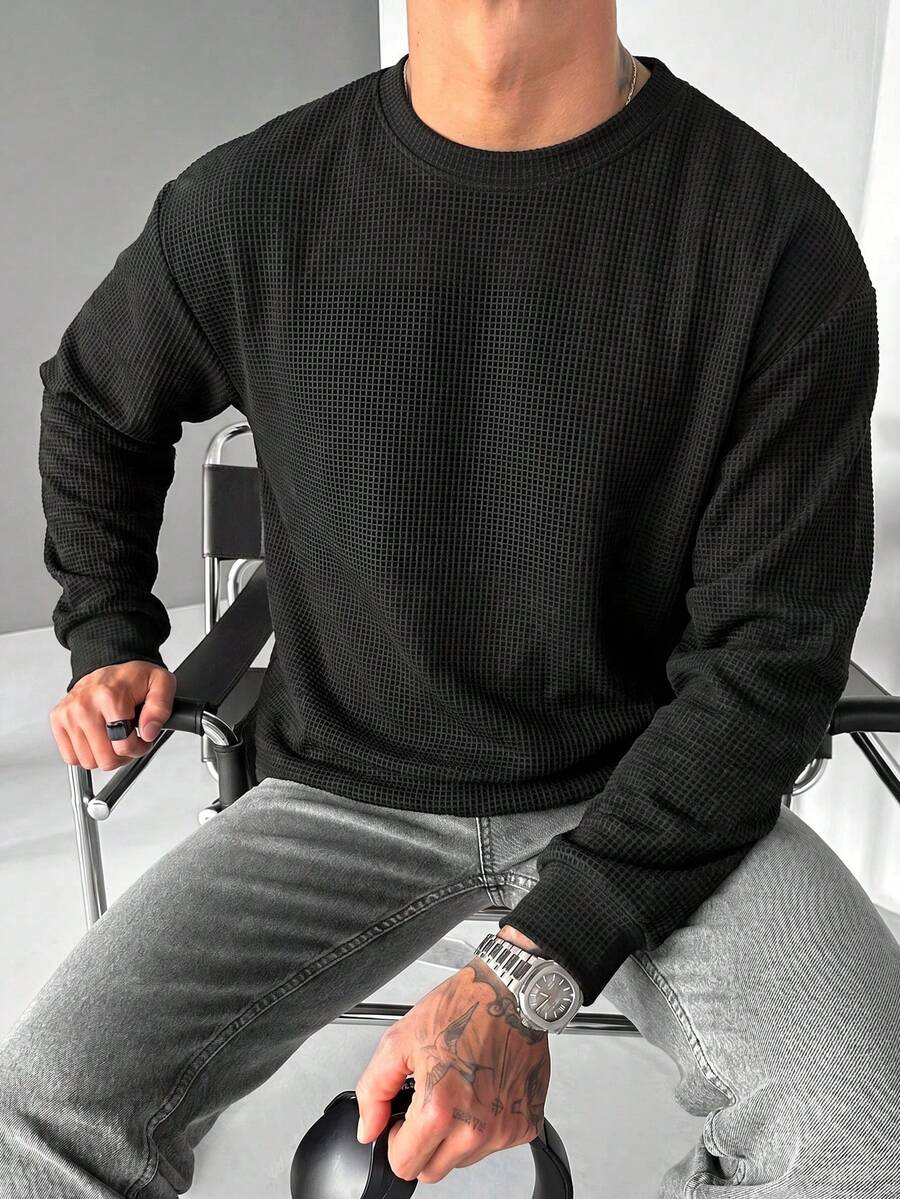 Vintage Textured Crew Neck Long Sleeve Pure Black Waffle Knit Sweatshirt Men's Streetwear Casual Autumn/Winter - Black - View 1