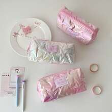 1/2pcs New Pink Girly Star Shiny Large Capacity Pencil Case, Stationery Storage Bag, Portable Cosmetic Organizer, Water-Resistant Wear-Resistant Fabric, Smooth Zipper, Structured Shape, Dirt-Resistant Easy-To-Clean, Multi-Compartment Storage For Neutral Pens, Rulers, Sticky Notes, Tape, Lipstick, Powder, Earphones, Hair Ties, Band-Aids, Daily Essentials, Suitable For Girls, School, Self-Study, Commute, Travel, Home, Dorm, Daily Makeup Touch-Ups, Shopping, Versatile Storage, Sweet Dreamy Niche Design, Unique Style, Practical Gift For Students, Birthdays, Best Friends - Multicolor - View 3