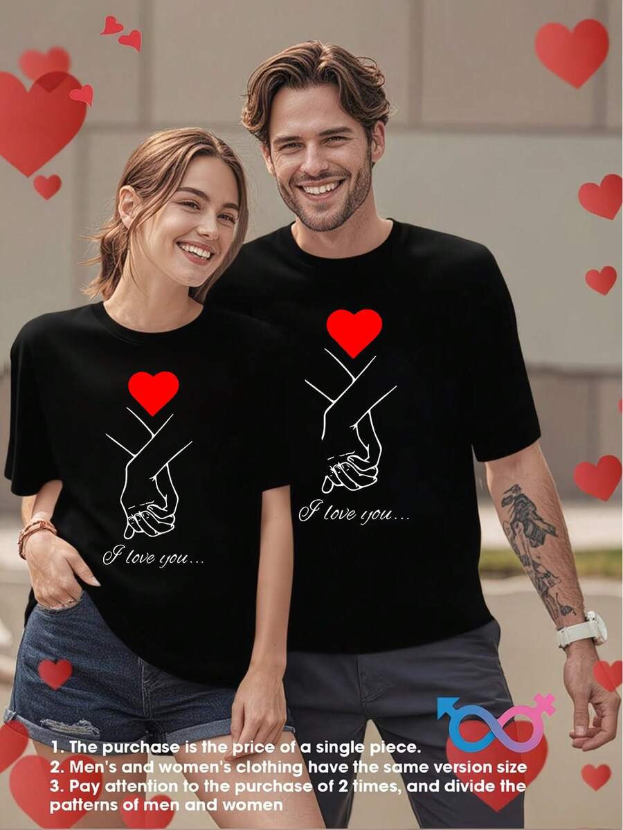 Camiseta de San Valentín con cuello redondo, diseño de corazones, estilo casual y holgado, tela suave y transpirable para todas las estaciones, temática romántica de amor, muy adecuada como regalo para parejas. - 1 unidad - Negro para hombre - Ver 1