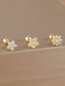 Bộ 3 món bông tai xoắn mạ vàng 18K thép không gỉ đính đá Cubic Zirconia, bông tai kẹp vành tai hình hoa đính đá Cubic Zirconia, trang sức hàng ngày cho nữ - Hoa3 - Xem 7