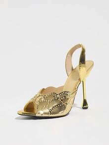 Women's Gold Fan-Shaped Beaded Sequin Round Toe Open Toe Asymmetric Water Drop Heel Sandals, Mule Shoes, Stiletto Heels, Bridal Shoes, High Heel - Gold - View 7