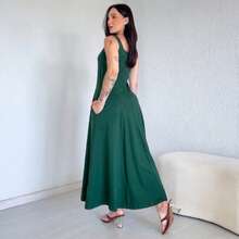Long, Flared Dress, 100% Cotton, With Pocket And Slit. - 棕櫚 - 查看 2