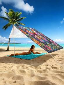 1pc Butterfly And Flower Print Design Sunshade, Outdoor Adventure Sunshade And Canopy, 2D Flat Printed Tent, Washable, Suitable For Garden, Camping, Beach And Other Multiple Scenes, Equipped With 4 Fixing Ropes And 4 Ground Stakes, Support Frame Not Included - Multicolor - View 10