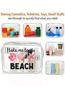 "See You At The Beach" Buchstaben-Muster PVC wasserdichte Strandtasche mit Badeanzug-Muster, PVC Kosmetiktasche, PVC Reiseorganizer-Tasche mit Reißverschlussverschluss - leichte, lichtechte Damen-Kosmetik- und Kulturbeutel, TSA-zugelassene tragbare Kosmetiktasche, leicht zu reinigendes Design, geeignet für Mütter, Lehrer, Freunde, Krankenschwestern Kosmetiktasche, Schulferien Urlaubs- und Schulanfangszubehör Kulturbeutel - Verschiedenfarbig - Übersicht 8
