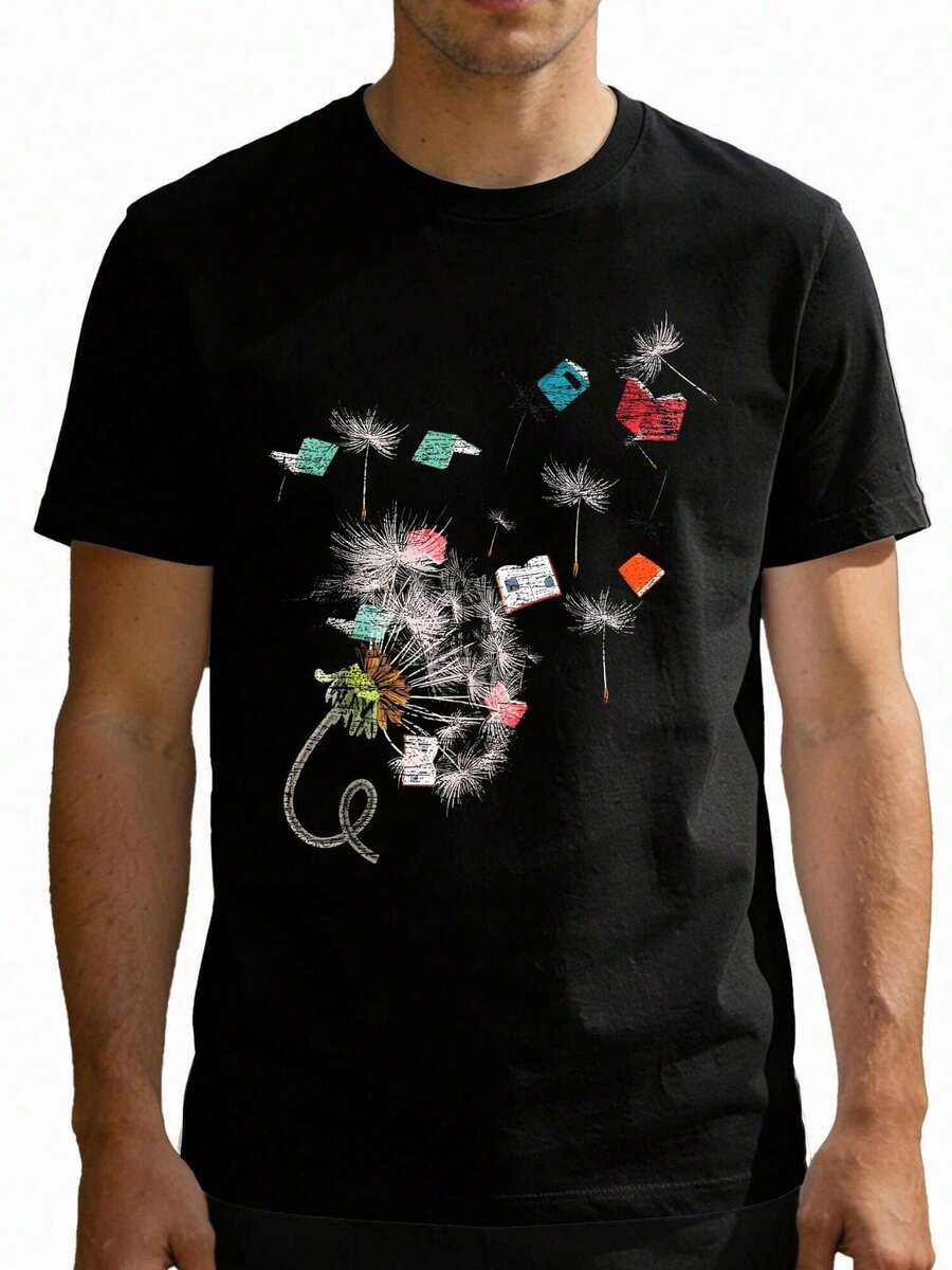 Ropa de temporada para hombre de talla estándar, estilo casual, con estampados de bibliotecario, diente de león y lectura, que presenta diseños suelto - Negro - Ver 1