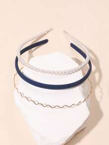 3pcs Girls Fashion Metal Pearl Headbands, Autumn Daily Decoration - Navy Blue - View 4