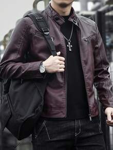 Men's Leather Jacket Thermal Lined Thickened Winter - Burgundy - View 4