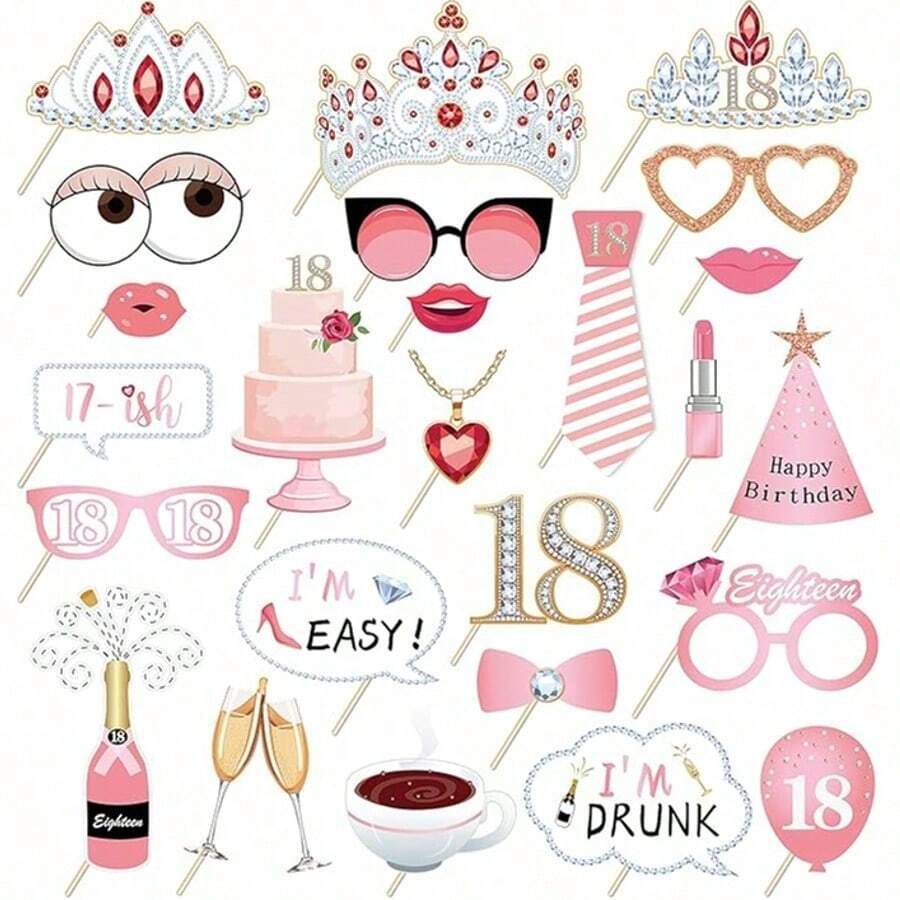25pcs Birthday Photo Props, 18/30th Anniversary Party Supplies, Holiday Photo Decoration, Suitable For Birthday Party Gifts, Pose Guide Card Set, Suitable For Girls And Women - Photo Props - View 1