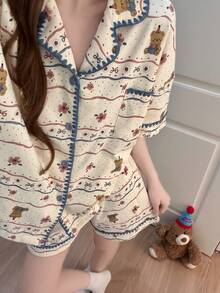 2件組女款睡衣家居服套裝，開襟可愛熊與花卉印花短袖開襟衫搭配時尚簡約短褲，適合春夏，舒適且可戶外穿著 - 彩色 - 查看 9