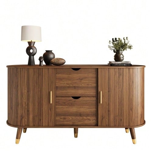Vertical Grain Sideboard, Two Sliding Doors, Two Drawers, Solid Wood Legs And Rounded Corner Unit For The Living Room. - 自然色 - 查看 1