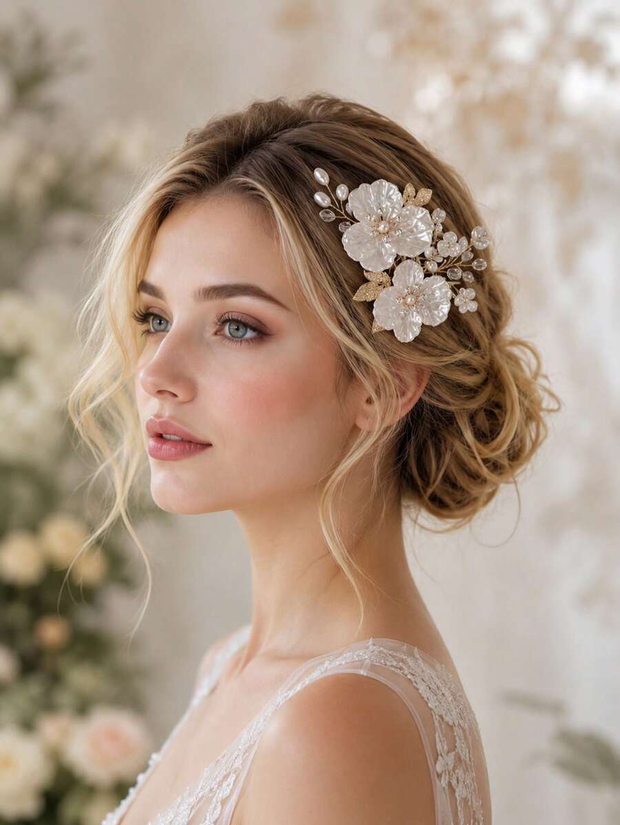 KOVLYNE 1Pc White Shell Flower Pearl Rhinestone Hair Clip - Gold Filigree Leaf Alligator Barrette, Styling Supplies For Wedding, Bridal & Formal Photoshoot - Gold - View 1