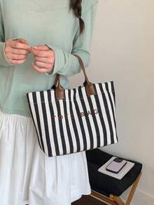 New Large Capacity Letter Decor Stripes Handbag, Multifunctional Commuter Tote Bag With Dual Handles For Women, Suitable For Commute,Beach Vacation - Black and White - View 5
