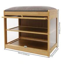 Banc à chaussures en bambou couleur bois avec porte rabattable en acrylique, banc de rangement à chaussures à 2 niveaux avec coussin, tabouret organisateur de chaussures sur pied pour entrée, couloir ou chambre, armoire à chaussures fermée à bords arrondis avec pieds surélevés - Couleur du journal - Voir 5