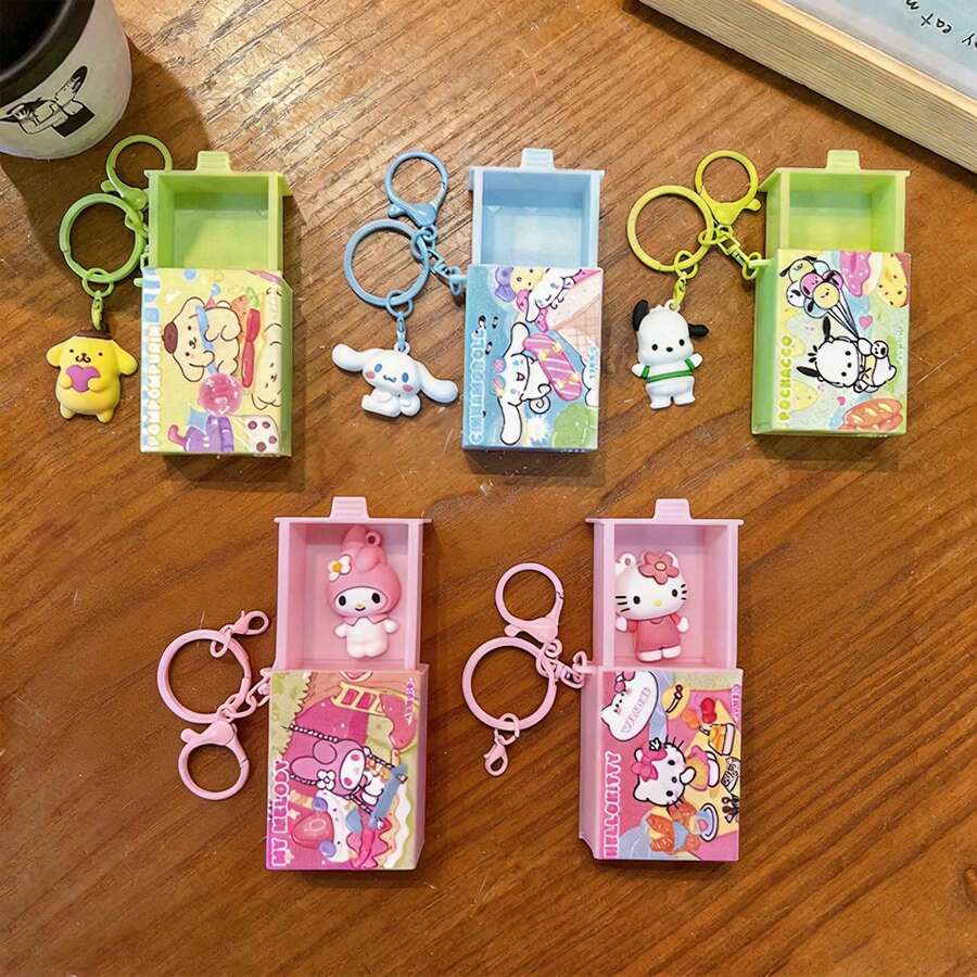 MINISO Sanrio 滑動迷你盒鑰匙圈,可愛 Hello Kitty My Melody Cinnamoroll Pompompurin Pochacco 角色包飾吊飾,附夾扣鉤,背包錢包配件,開學禮物,5 款可選 - 樣式 1 - 查看 1