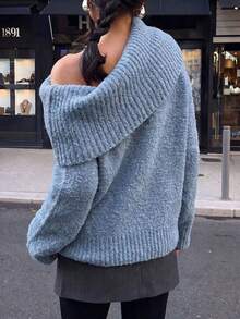 Women's Knitted Sweater, One-Shoulder Folded Wide Ribbed Collar, Loose Long Sleeve, Soft Textured Knit, Autumn/Winter Daily Date Outfit - Dusty Blue - View 2