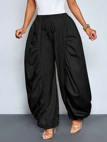 Pantalones casuales sueltos de unicolor para mujer, con diseño plisado, bolsillos grandes, cintura elástica, ajuste de pierna ancha, adecuados para uso diario como pantalones de unicolor - Negro - Ver 12