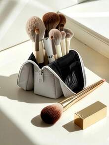 Upright Standing Makeup Brush Bag, Portable Travel Cosmetic Organizer Pouch, Multifunctional Stationery Pencil Case Dual Use - Multicolor - View 4