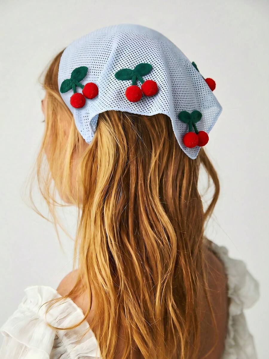 1件原創花卉刺繡捲邊頭巾,附櫻桃裝飾,適合日常與度假使用,夏季女款髮飾沙灘圍巾頭巾髮帶 - 藍色 - 查看 1