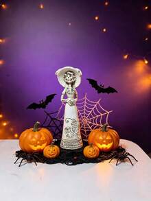 Elegant Halloween Skeleton Lady Statue, White Resin Catrina Skeleton Figurine, Day Of The Dead Home Desktop Decor Ornament - Multicolor - View 7