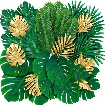 20/30/110 peças Conjunto Misto de Folhas de Palmeira Artificiais, Folhas Tropicais Realistas, Adequadas para Cenário de Festa, Centro de Mesa de Páscoa, Decoração de Mesa de Casamento, Videira Verde e Outras Decorações Temáticas