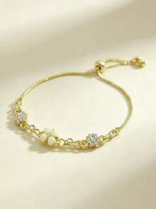 1pc Elegant Fashion Clover Faux Cat Eye Stone With Rhinestone Accents Adjustable Drawstring Bracelet, Exquisite Versatile Jewelry Gift For Women's Daily, Party, Travel Wear - Yellow Gold - View 4