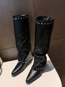 Vintage Rivet High Shaft French Women's Boots, Versatile Western Style Riding Boots, Tall Boots For Petite Women - Black - View 5