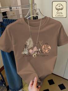 Camiseta 100% pura con estampado de ilustraciones sencillas de plantas, gatos y tazas de café, cuello redondo, manga corta, cómoda y transpirable para uso diario en verano, ropa de verano pa - Rosa - Ver 8