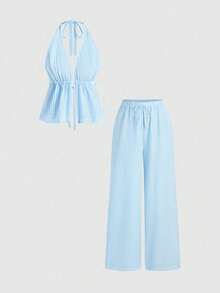 Conjunto de top halter con espalda descubierta y pantalones rectos de pierna ancha con textura y rayas, adecuado para primavera y verano, ideal para viajes y vacaciones - Azul - Ver 1