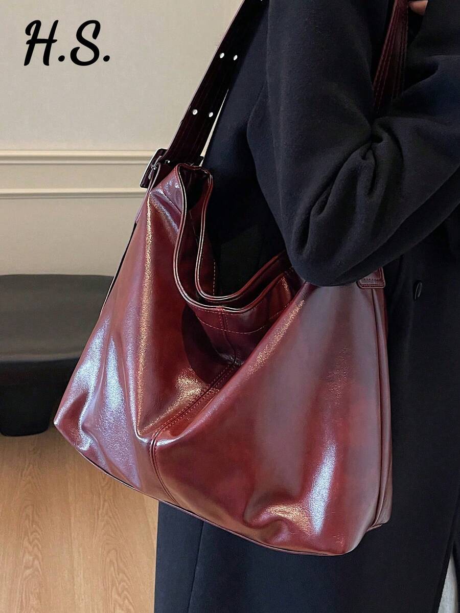 1 件勃艮第复古油蜡 PU 皮革铆钉孔眼缝线女士单肩包，休闲百搭手提包适合日常使用，通勤，学院风，大容量水桶包，秋冬新品，时尚勃艮第包