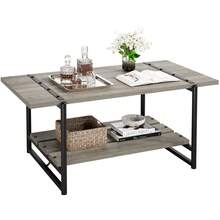 Hodeffior Industrial Coffee Table With 2 Tier Storage Shelf, Rustic Farmhouse Centre Table With Wood Slat Top And Metal Frame, Living Room Coffee Table For Lounge, Flat, Office Or Reception Area - Grey - View 9