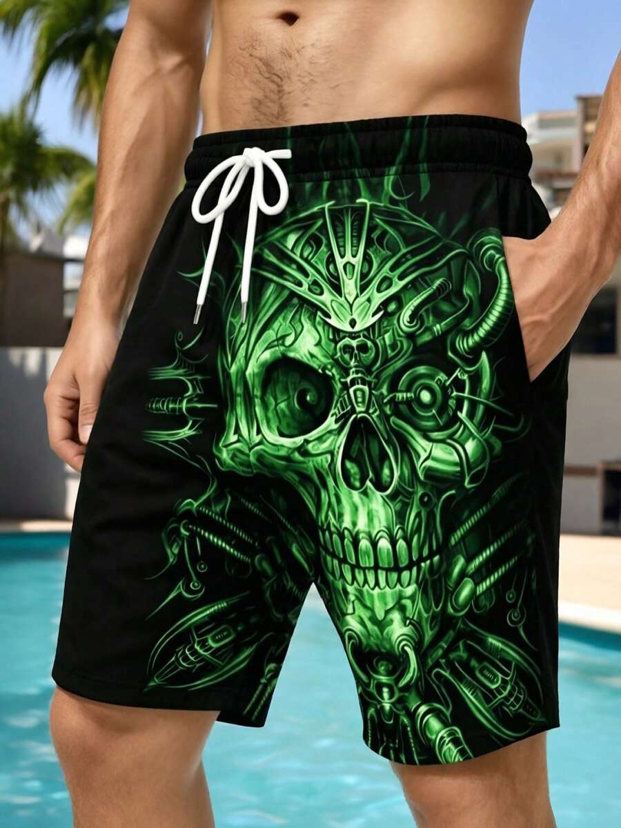 Plus Size Men's Casual Skull Print Beach Shorts - Multicolor - View 1