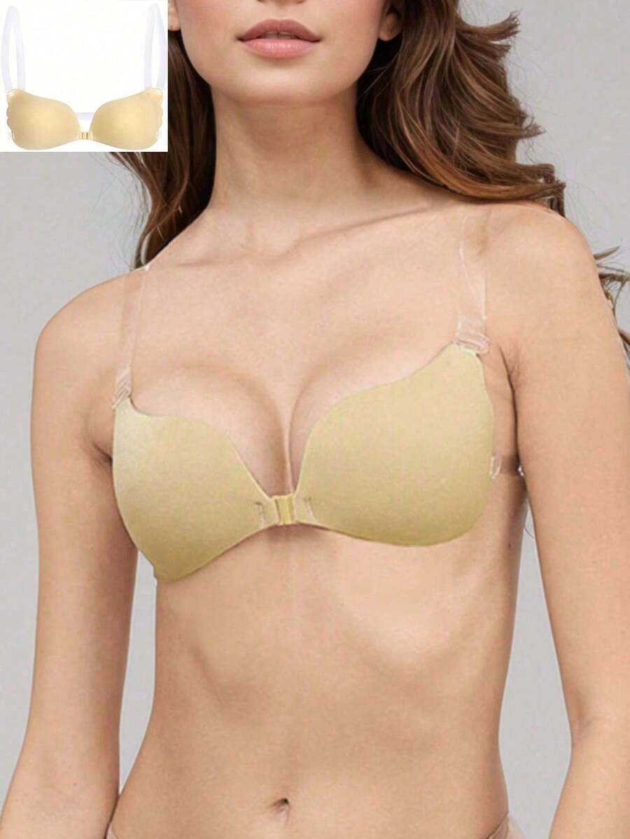 1 đôi áo ngực dán không dây cho nữ, khóa trước, nâng ngực, dây trong suốt, khoét sâu, tàng hình, hở lưng, không đường may, dùng cho váy cưới, có thể tái sử dụng - Nhiều màu - Xem 1