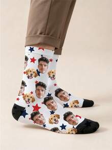 1 Pair Unisex White Customized Dog Face & Star Print Soft Breathable Casual Crew Socks, Suitable For Daily Wear And Holiday Gifts - Multicolor - View 3
